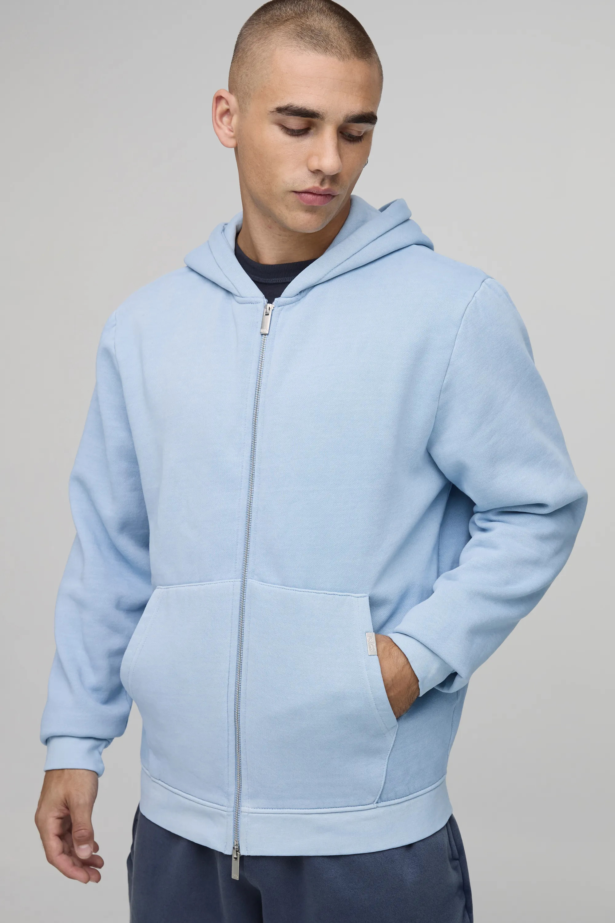 Essential Washed Boxy Zip Through Hoodie | boohooMAN (US & Canada)