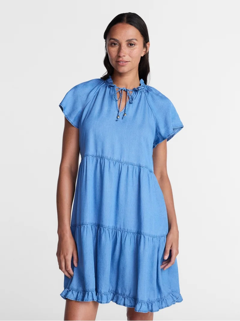 Time and Tru Women's Tiered Mini Dress with Flutter Sleeves, Sizes XS-XXXL | Walmart (US)