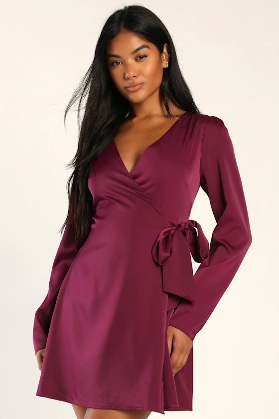 Festive Forever Plum Purple Satin Long Sleeve Wrap Mini Dress | Lulus (US)