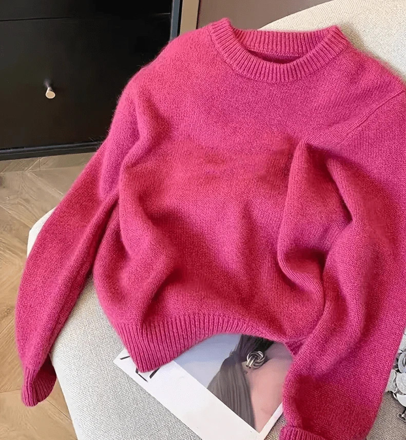 Women's Polyester Casual Solid Ribbed Loose Sweater, Rose Red, Everyday Autumn/Winter | SHEIN