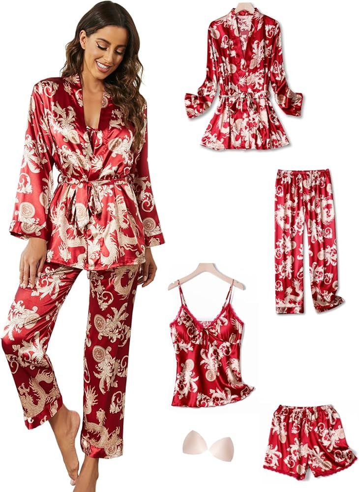 Arwser Women's Silk Satin Pajamas Set 4 Pcs Luxury Sleepwear Cami Top Pjs with Shorts and Robe | Amazon (US)