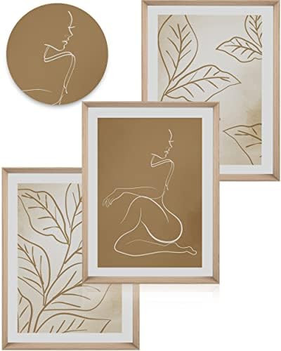 UPWOIGH Framed Wall Art, 12x16 in BOHO Décor 3 Panels Woman and Leafs Line Drawing, Wood Framed ... | Amazon (US)