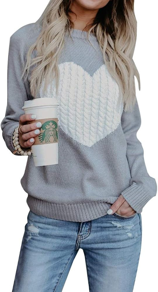 EC ELEGANTCHARM Women's Pullover Sweaters Knitted Long Sleeve Crewneck Heart Patchwork Jumper Coz... | Amazon (US)
