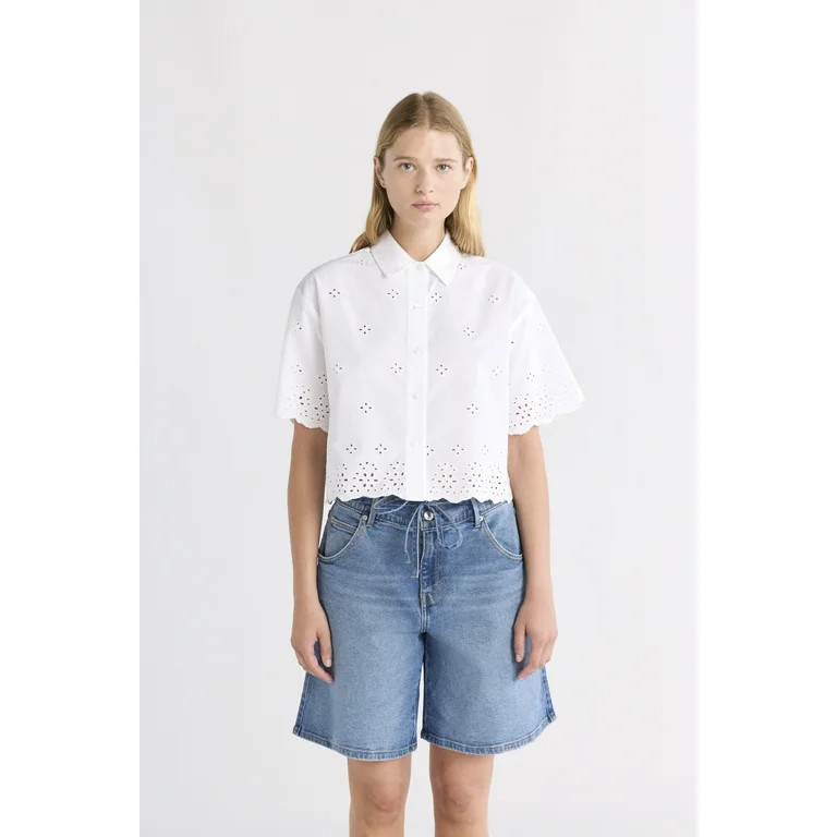 Free Assembly Women's and Women's Plus Cropped Cotton Eyelet Shirt, Sizes XS-4X | Walmart (US)