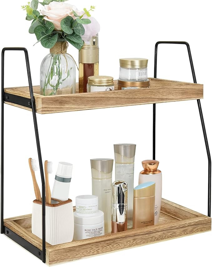 2 Tier Bathroom Counter Organizer, Wood Bathroom Organizer Countertop Bathroom Counter Trays Vani... | Amazon (US)