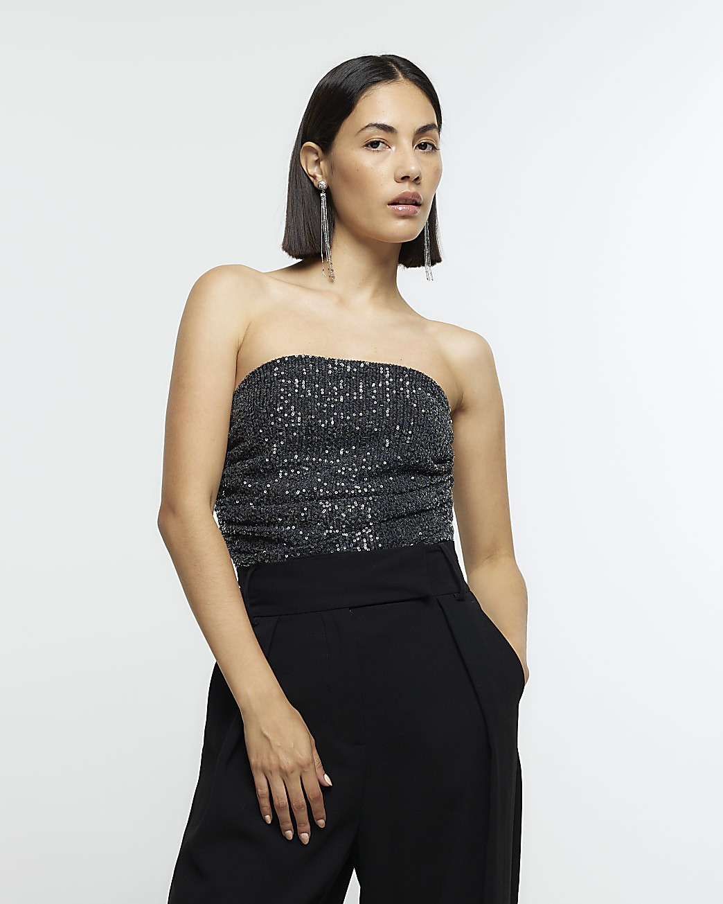 Grey sequin bandeau top | River Island (UK & IE)