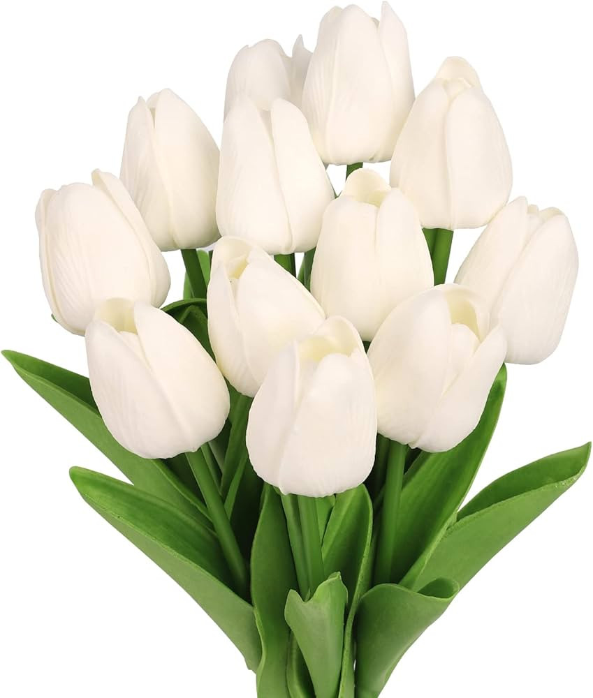 N&T NIETING 12pcs Artificial Flowers, Real Touch Latex Artificial Tulips Bouquet, White Tulips Fa... | Amazon (UK)