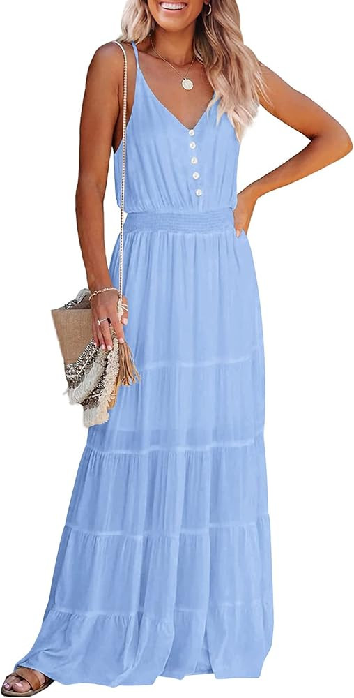 PRETTYGARDEN Women's Casual Summer Dress Spaghetti Strap Sleeveless High Waist Beach Long Maxi Su... | Amazon (US)