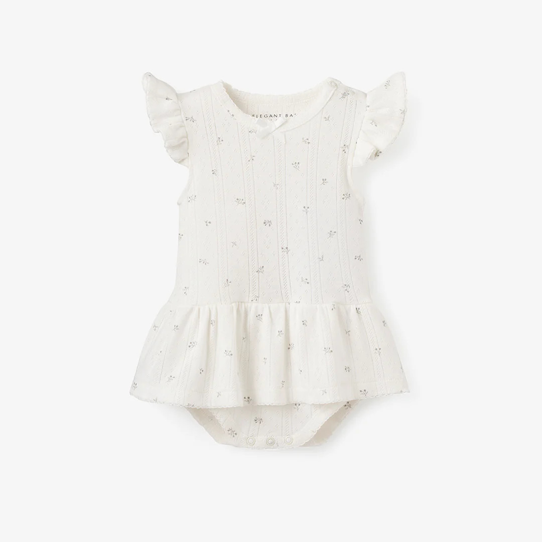 White Floral Organic Cotton Pointelle Baby Bubble Romper | Elegant Baby