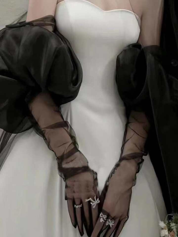 1pc Black Organza Bubble Sleeve And 2pcs Elastic Bridal Sleeve Cover With Gloves | SHEIN