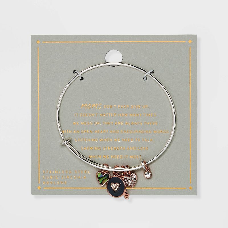 Stainless Steel "Mom" Bangle with Abalone and Cubic Zirconia Charms - Rose Gold | Target