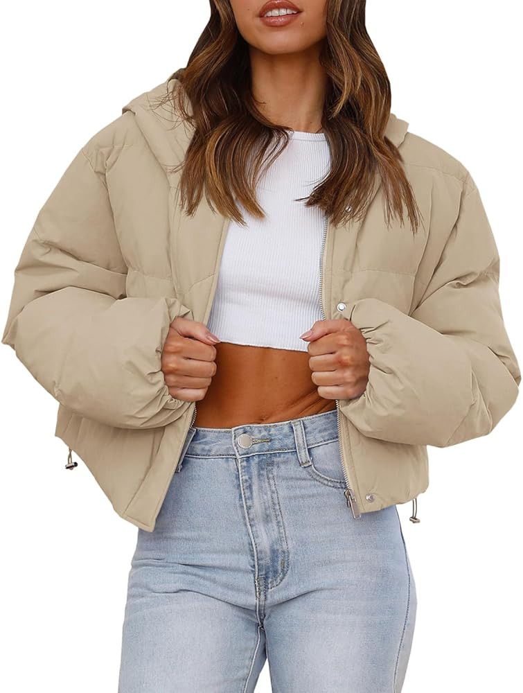 Tankaneo Women's Cropped Puffer Jacket Casual Winter Hoodie Baggy Short Down Coats with Pockets | Amazon (US)