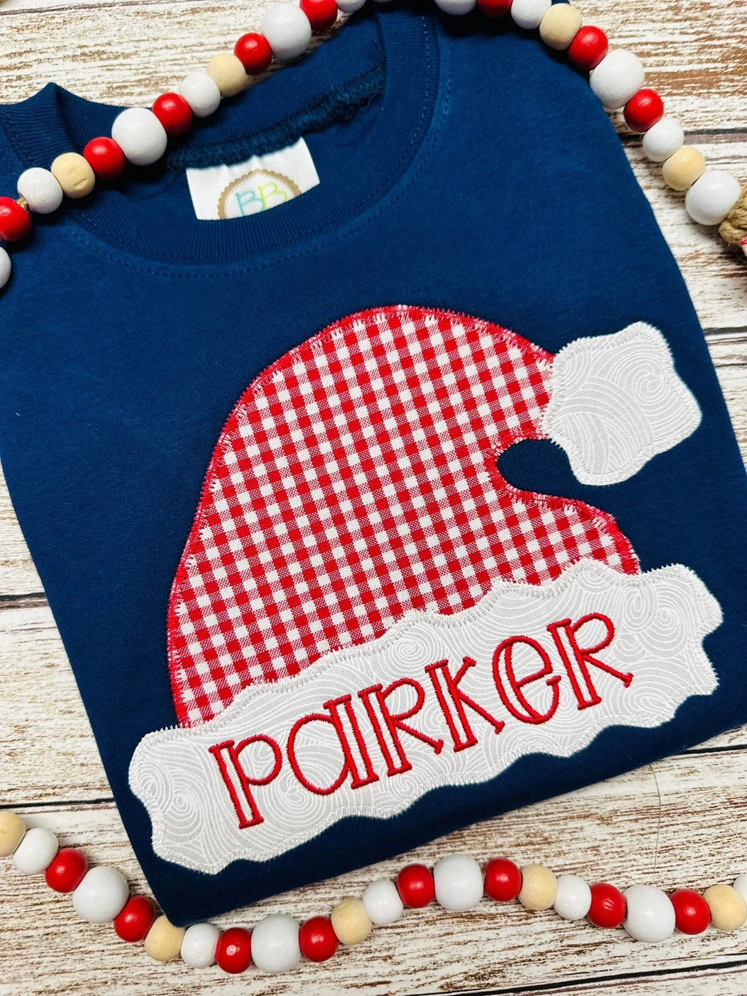 Personalized Christmas Shirt: Gingham Santa Hat Applique | Etsy (US)