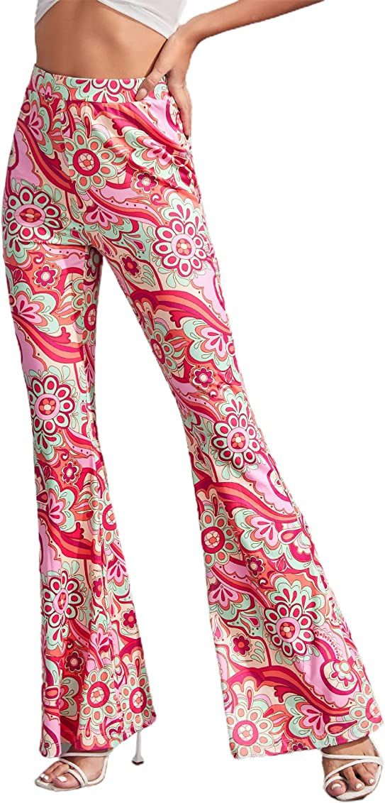 SOLY HUX Women's Floral Print Elastic High Waisted Flare Leg Bell Bottom Long Pants | Amazon (US)