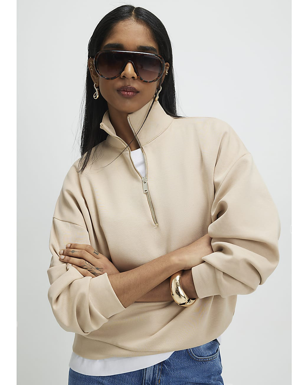 Beige Premium Half Zip Top | River Island UK & IE