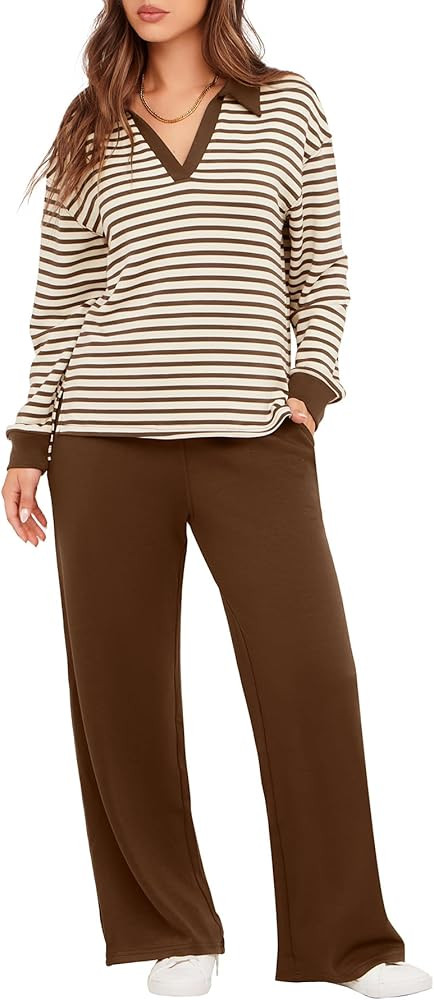 Glamaker Women's 2 Piece Sets Outfits Casual Long Sleeve Sweatsuits Polo Top and Wide Leg Pants M... | Amazon (US)