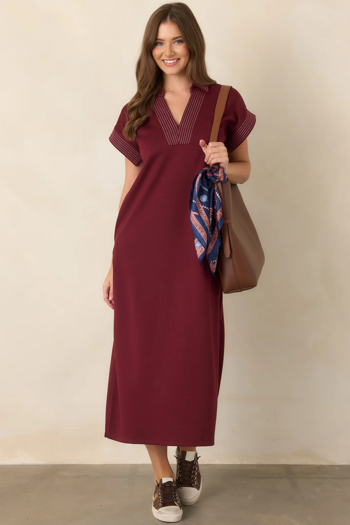 One Less Thing Wine V-Neck Contrast Pinstripe Maxi Dress | Red Dress
