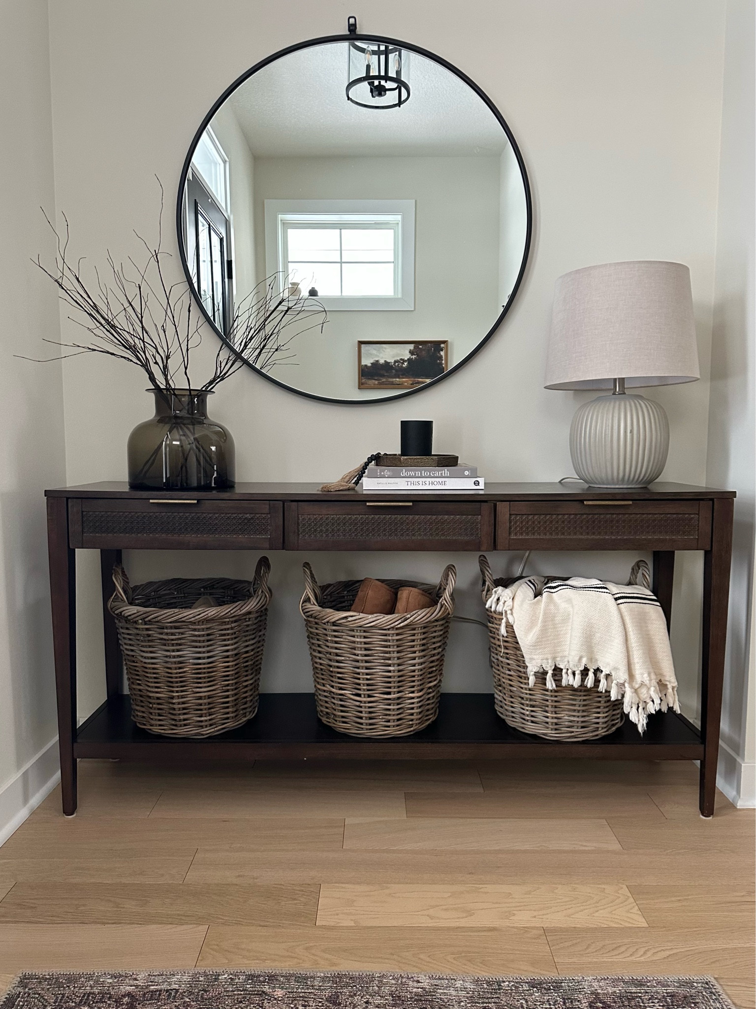 Entryway, console table, target home, amazon baskets, large round black mirror (3 ft)

#LTKfamily #LTKstyletip #LTKhome