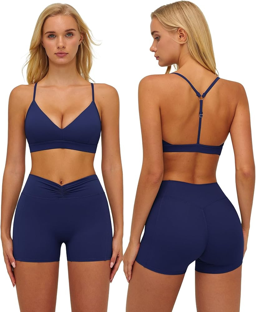 ABOCIW Womens Workout Sets V Neck Sports Bra Tummy Control High Waist Biker Shorts 2 Piece Yoga P... | Amazon (US)