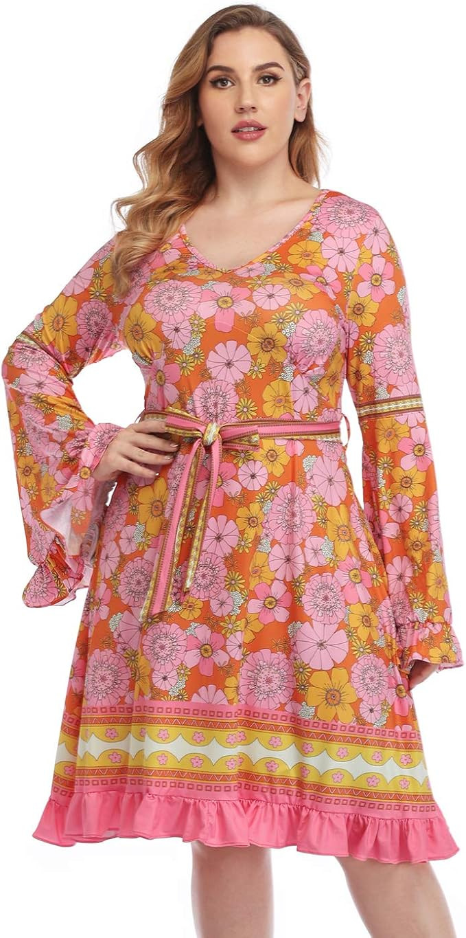 HDE Plus Size Bell Sleeve Dress Boho Vintage Hippie A line 70s Pastel Goth Witch | Amazon (US)