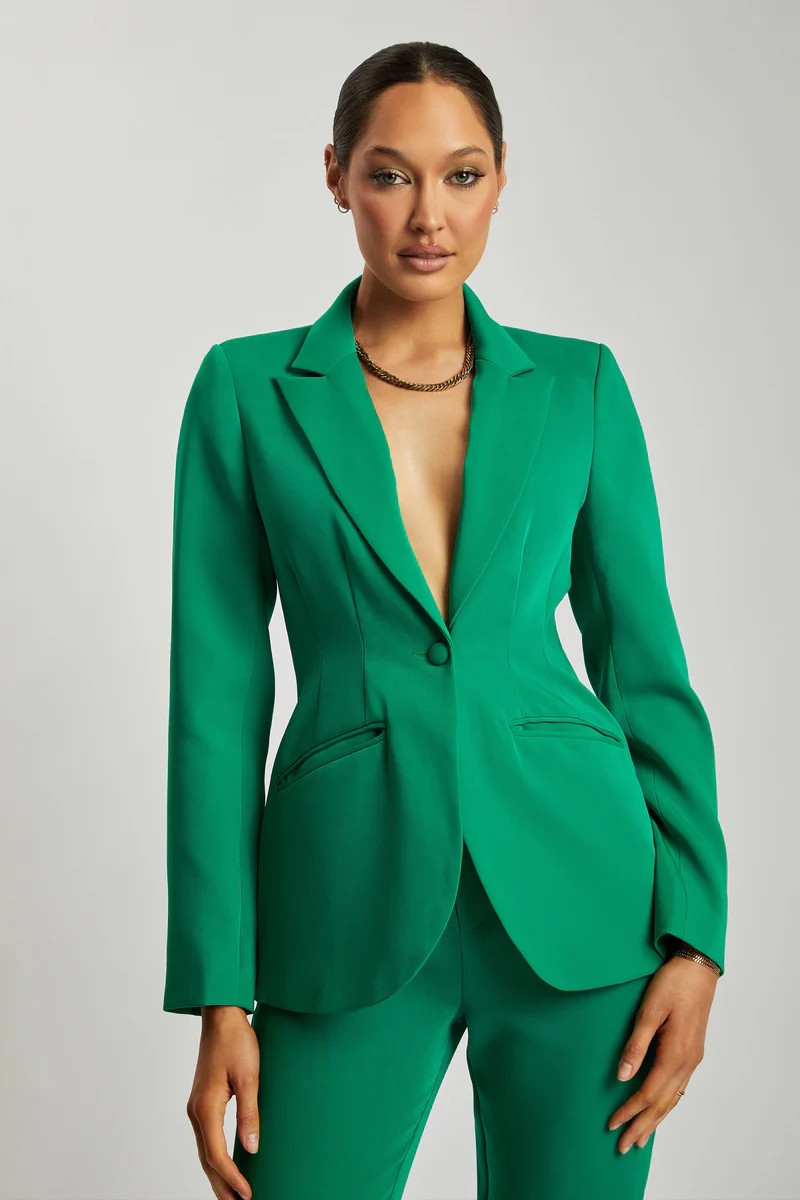 Helda Fitted Cinched Waist Blazer - Bottle Green | MESHKI US