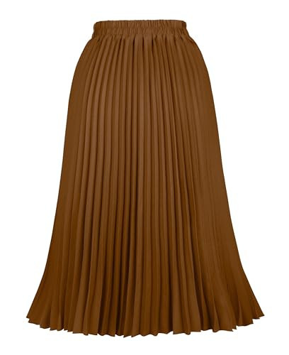 THHGPO Women's Pleated Skirts High Elastic Waist A-Line Swing Skirt Midi Length Brown L | Amazon (US)