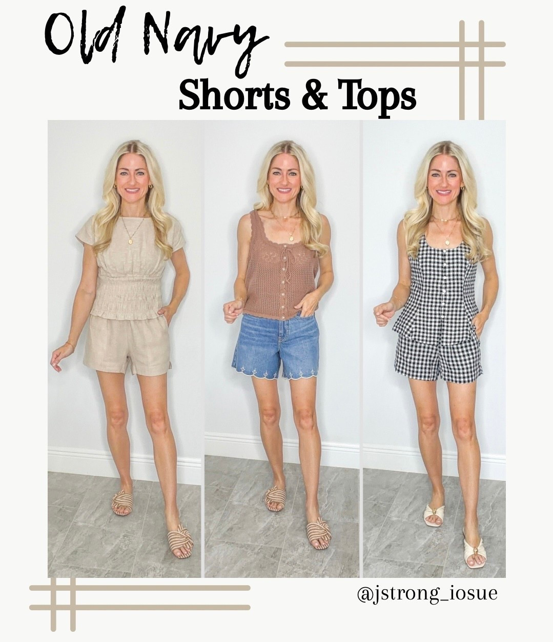 Shorts and tops from Old Navy! Linen shorts have elastic band and pockets. Tan linen top had a cut out in the back and also matches the denim scallop shorts. Gingham set is navy and the top can also be worn with white denim!

#LTKgrwm #LTKootd