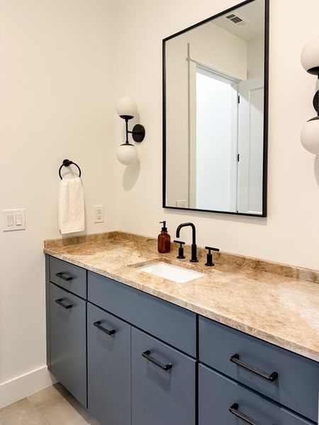 Bathroom Design | Blue Cabinets | Quartzite Top | Matte Black Faucet | Hardware | Mirror | Lights

#LTKstyletip #LTKhome