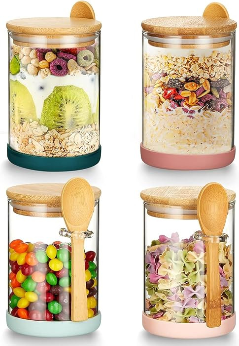 Mfacoy Set of 4 Airtight Glass Jars with Bamboo Lids & Spoons, 17 oz Borosilicate Overnight Oats ... | Amazon (US)