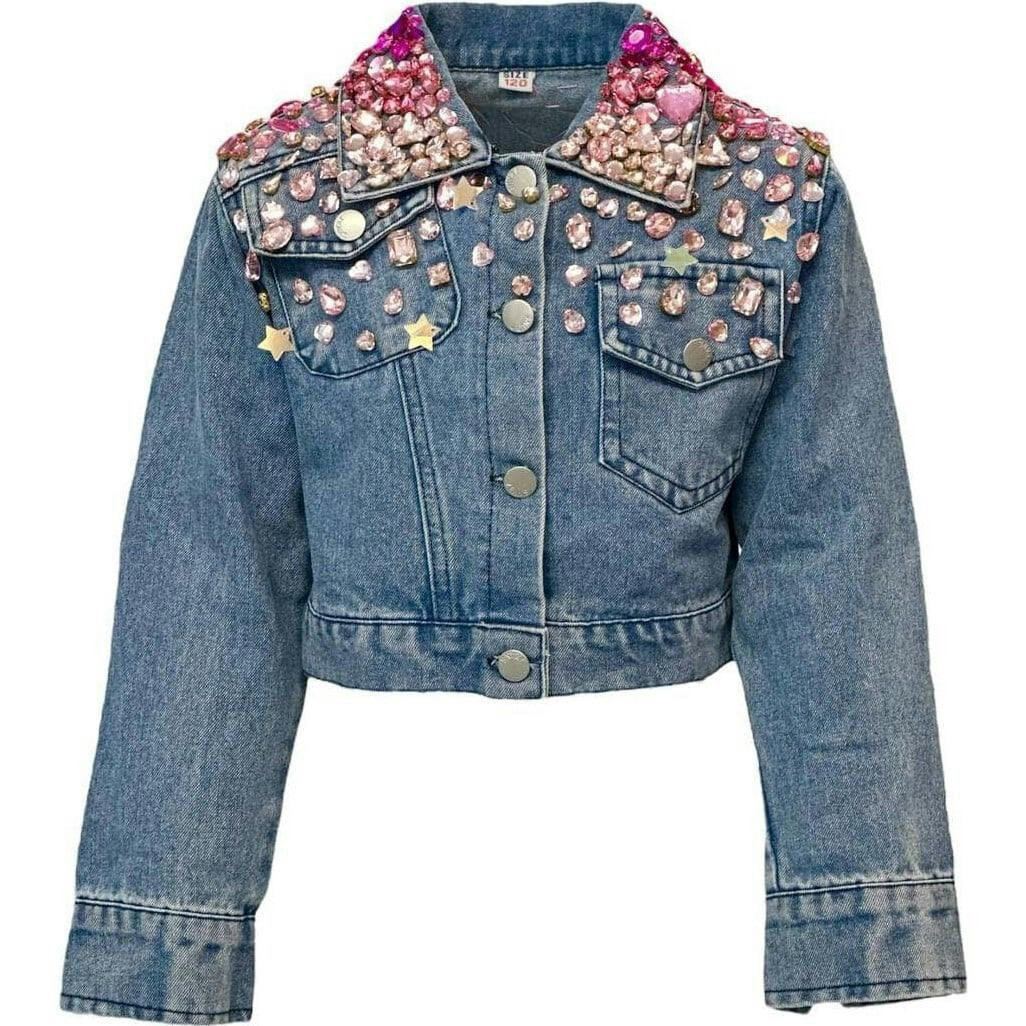 Lola + The Boys | Sparkle Queen Rhinestone Gem Denim Crop Jacket | Blue | 14y | Cotton/Denim/Fabric | Kids | Kids Clothing | Tween Clothing | Maisonette | Maisonette