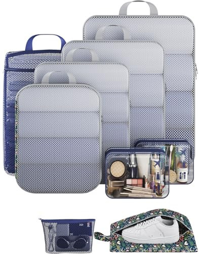 Veken 9/11 Set Compression Packing Cubes for Travel Essentials,Compressible Expandable Large Luggage Suitcase Organizer Bags for Clothing,Durable Space Saver Storage Bags(Dark Blue Floral) | Amazon (US)