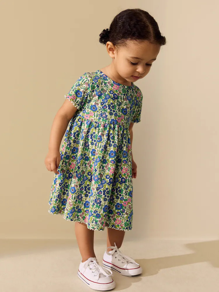 Blue Floral Short Sleeve Ribbed Dress (3mths-7yrs) | Next US