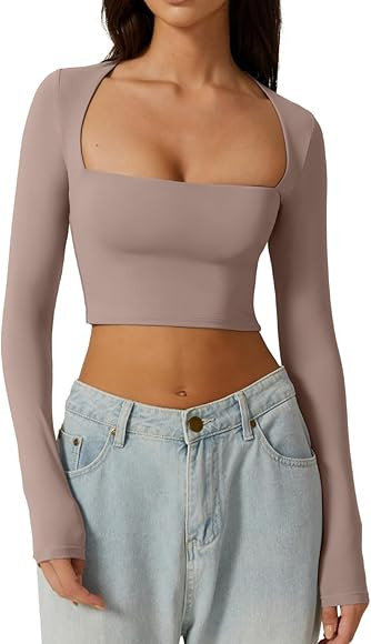 QINSEN Women's Sexy Square Neck Crop Top Long Sleeve Slim Fit Cropped T Shirts | Amazon (US)