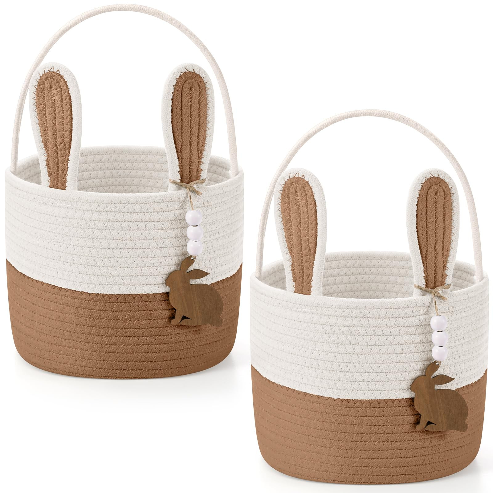 2 Pcs Large Easter Baskets Woven Rope Bunny Basket Unique Easter Basket with Rabbit Wood Name Tag... | Amazon (US)