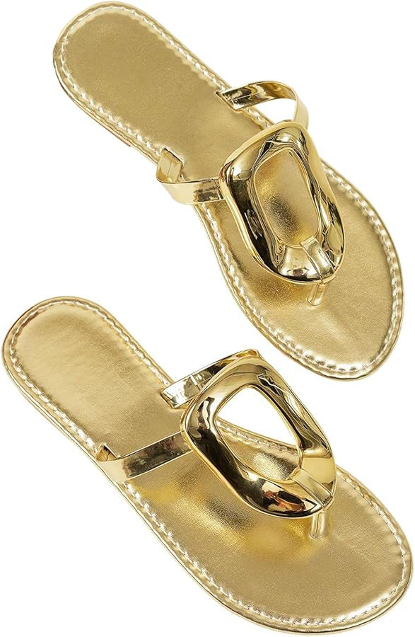 OYOANGLE Women's Metal Ring Flip Flops Metallic Open Toe Comfy Vacation Dressy Slide Sandals | Amazon (US)