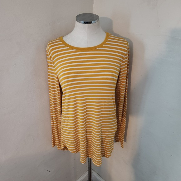 Old Navy Luxe Mustard Yellow White Stripe Long Sleeve Crew Neck Shirt Top Medium | Poshmark