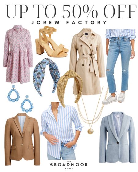 Jcrew factory has a huge sale! Up to 50% off plus extra 20% off $125+! Outfit ideas, spring outfit, rain coat, spring dress, floral dress, blazer coat, work outfit, strapped heals, neutral outfit, pink dress, blue dress, jewelry, gold necklace, headband

#LTKunder100 #LTKsalealert #LTKstyletip