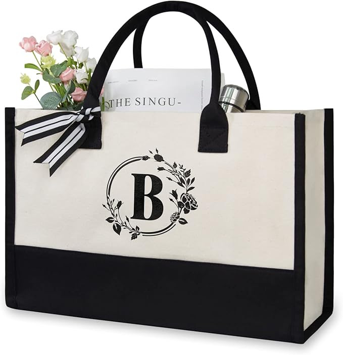 TOPDesign Personalized Initial Canvas Beach Bag, Monogrammed Gift Tote Bag for Women | Amazon (US)