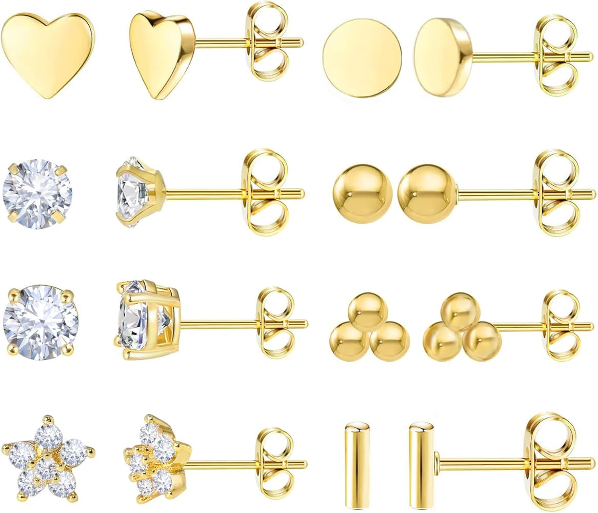 8 Pairs 14K Gold Stud Earrings Set, Titanium Surgical Steel Stud Earrings for Multiple Piercing H... | Amazon (US)