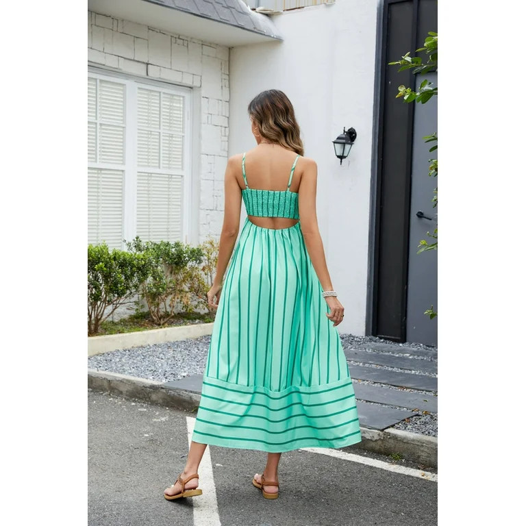 HVEOO Women Boho Long Dress Spaghetti Strap Flowy Maxi Dress Beach A Line Sundress, Green | Walmart (US)