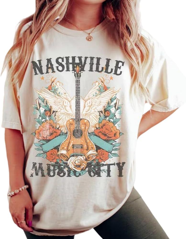 Nashville Shirts for Women Vintage Oversized Tennessee Country Music Festival Tshirt Guitar Rock ... | Amazon (US)