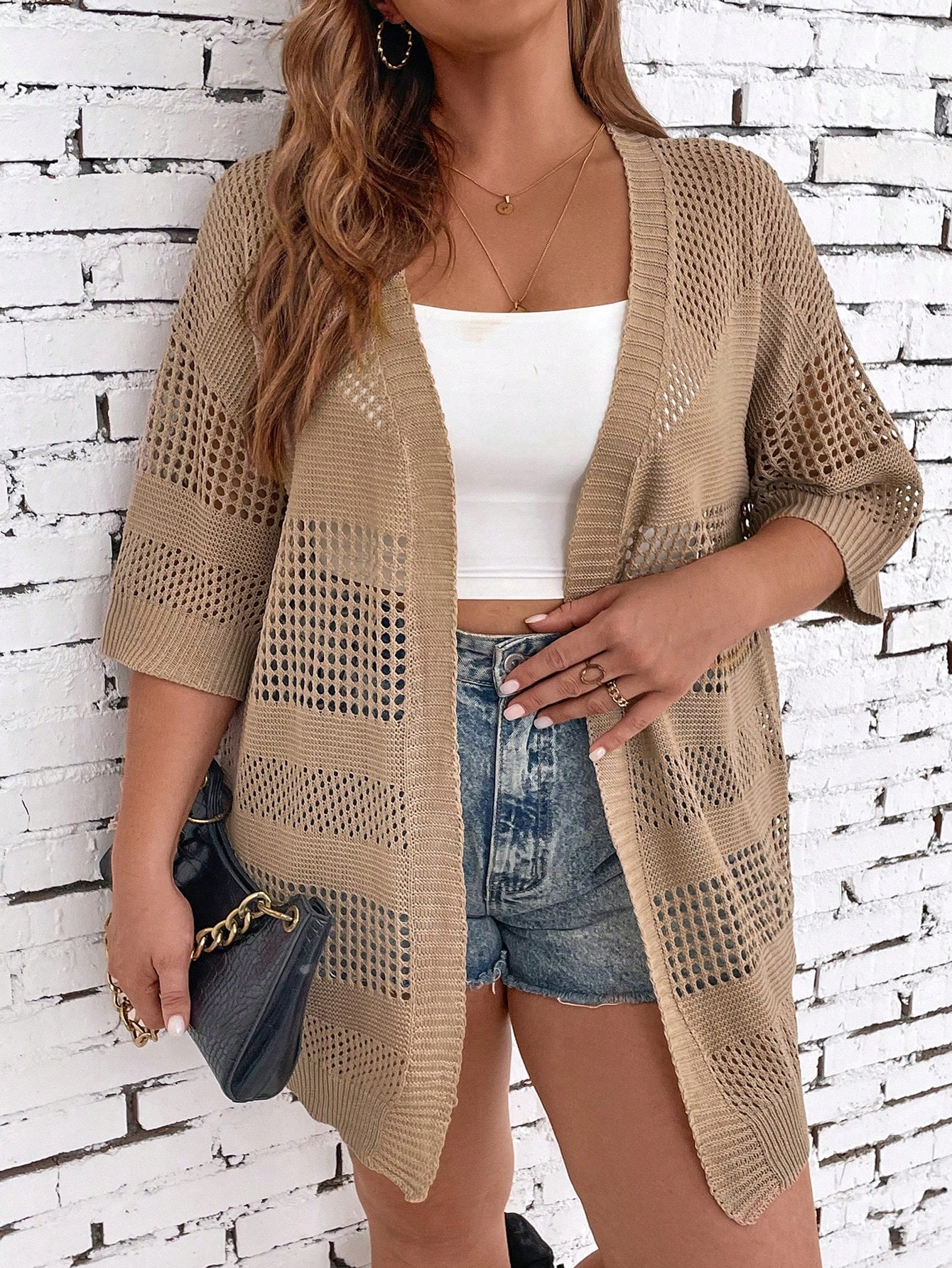 Plus Hollow Out Drop Shoulder Open Knit Duster Cardigan | SHEIN