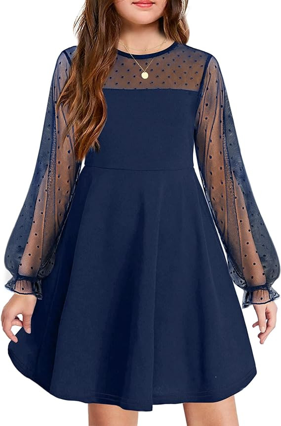 Arshiner Girl's Contrast Mesh Puff Long Sleeve High Waist A Line Short Dress with Pockets for 6-1... | Amazon (US)