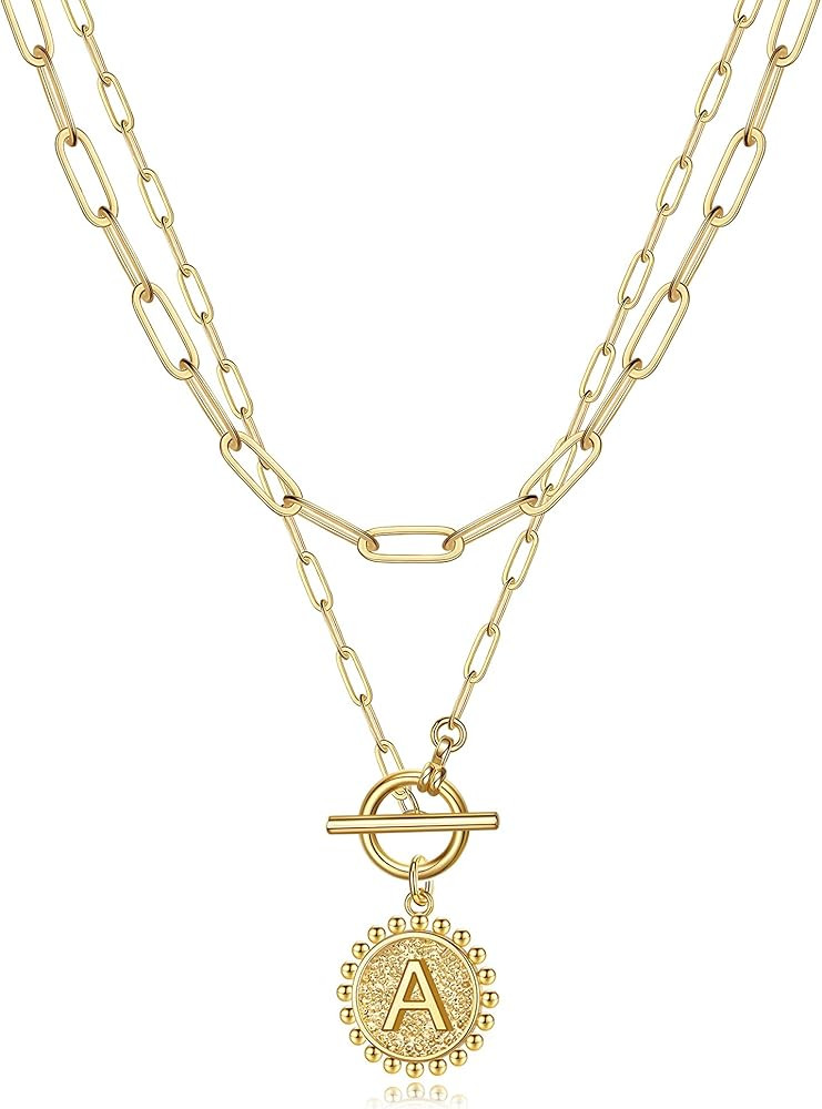 Gold Layered Initial Necklaces for Women, 14K Gold Plated Dainty Layering Paperclip Link Chain Ne... | Amazon (US)