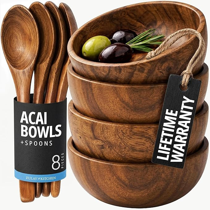 Zulay Kitchen Teak Wood Dipping Bowls with Spoons Set – 8 Piece Wooden Serving Set with 4 Mini ... | Amazon (US)