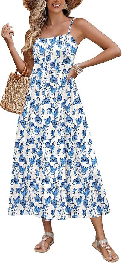 Zeagoo Women's Summer Casual Boho Sundress Spaghetti Strap Square Neck Flowy Midi Dresses A Line ... | Amazon (US)