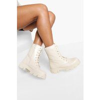 Womens Cleated Chunky Lace Up Hiker - White - 3, White | Boohoo.com (UK & IE)