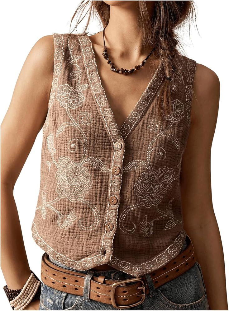 Verdusa Women's Boho Floral Embroidery Tank Tops Button Front V Neck Vest Tops | Amazon (US)