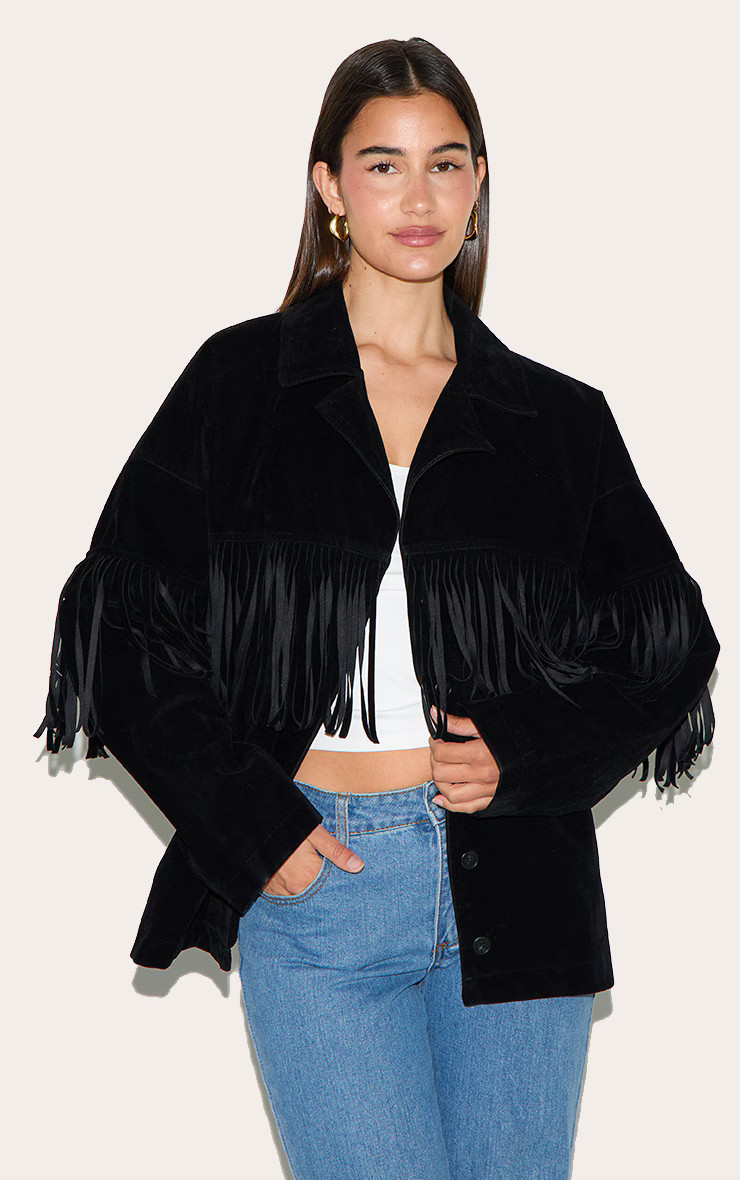 Black Faux Suede Heavy Fringed Jacket | PrettyLittleThing UK