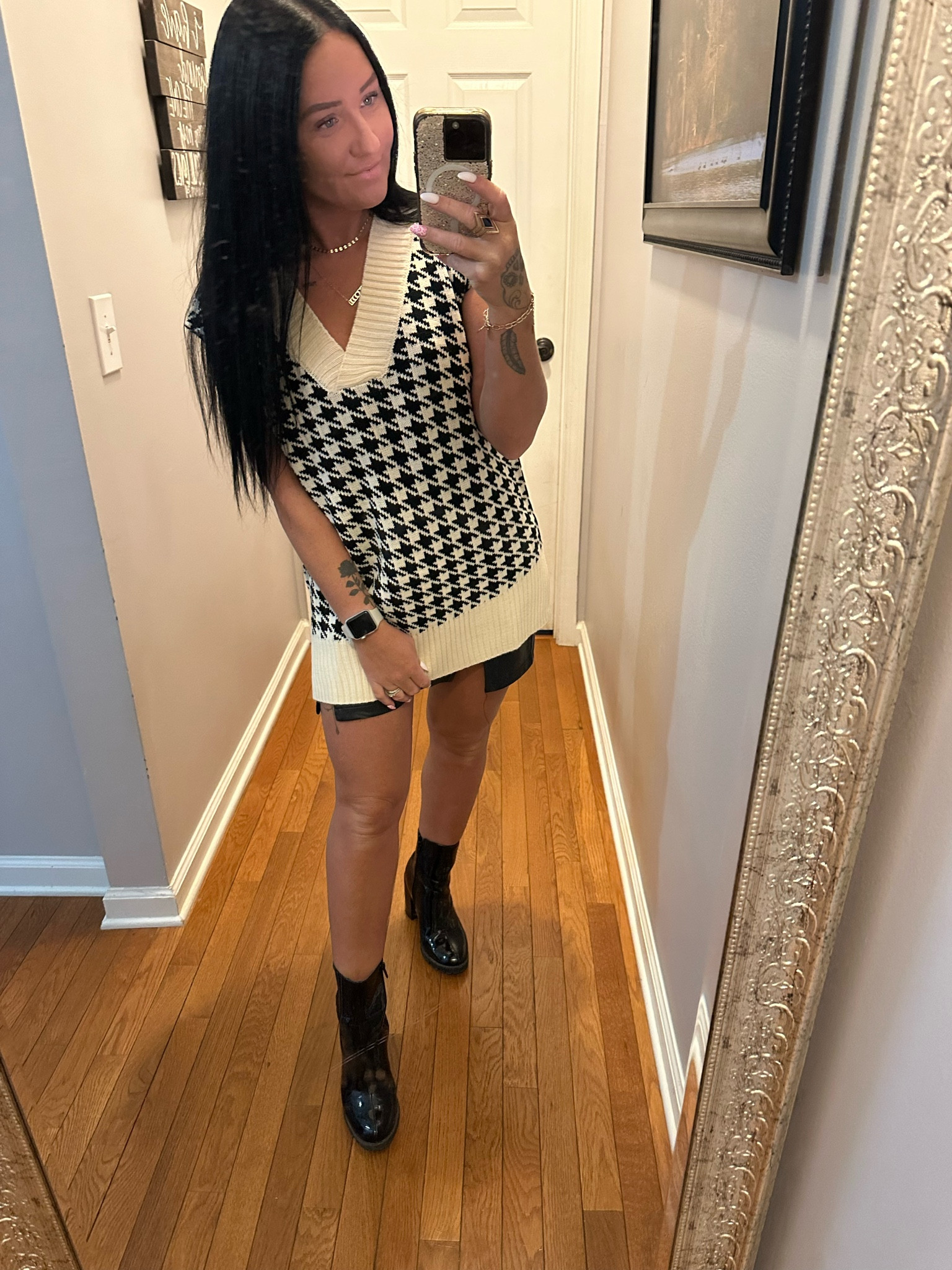 Sweater vest + leather skirt = perfect outfit 😍😍 we love a good houndstooth moment!! AND my whole outfit has discounts plus coupons bringing the price down even cheaper! 

#LTKStyleTip #LTKFindsUnder50 #LTKSaleAlert